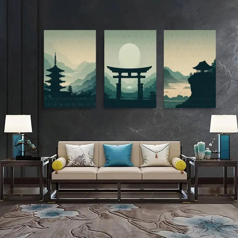 3pcs  Pagoda, Torii Gate, Pavilion, Mountains  Wall Art Set Canvas Framed 40x60cm - High Quality Print 100% Australian Made Wall Canvas Ready to Hang - Bella Home Decor