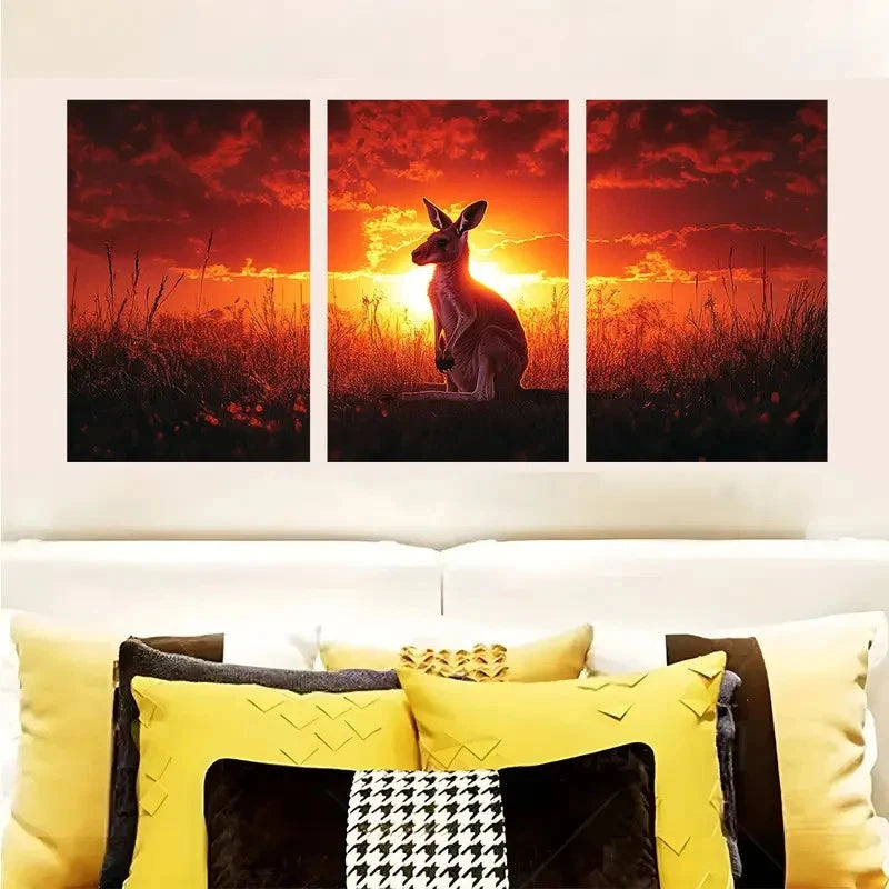 3pcs Kangaroo Silhouette Sunset Australian  Wall Art Set Canvas Framed 60x90cm - High Quality Print 100% Australian Made Wall Canvas Ready to Hang