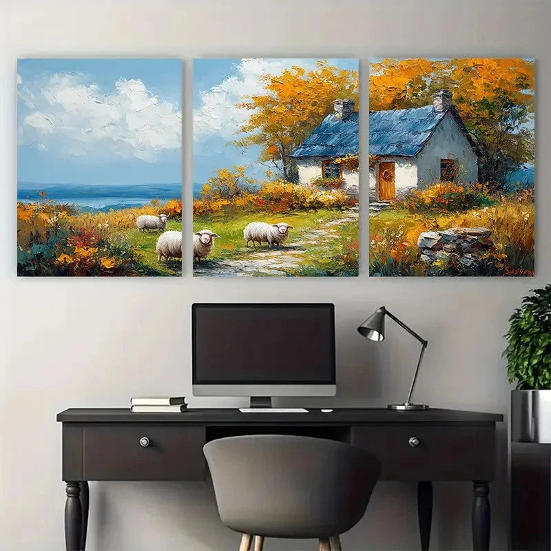 3pcs Cozy Country Home Sheep and Cottage Landscape Metal Print Ready to Hang Art - Bella Home Decor