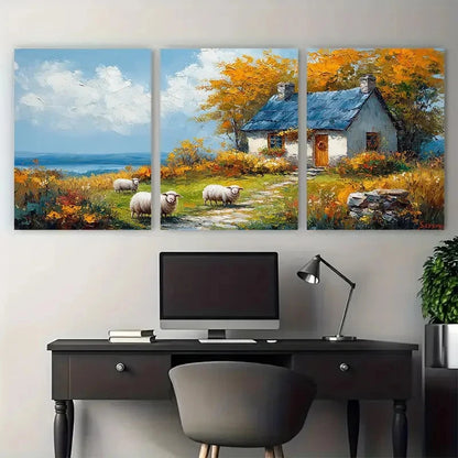 3pcs Cozy Country Home Sheep and Cottage Landscape Metal Print Ready to Hang Art - Bella Home Decor
