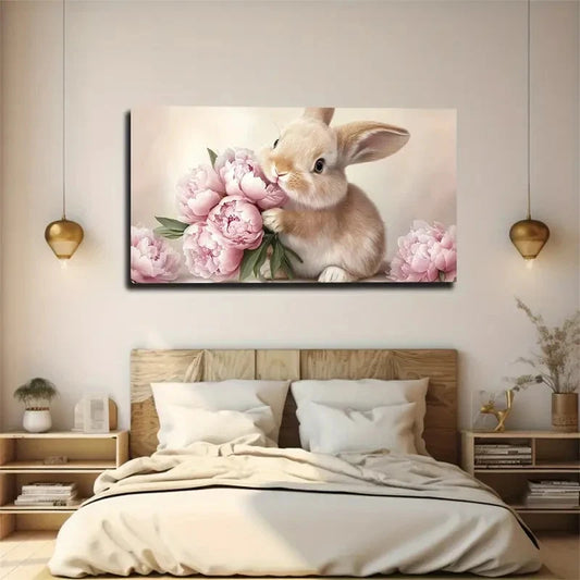 Rabbit Holding Pink Peonies Wall Art Canvas Office Home Room Framed 120x60cm