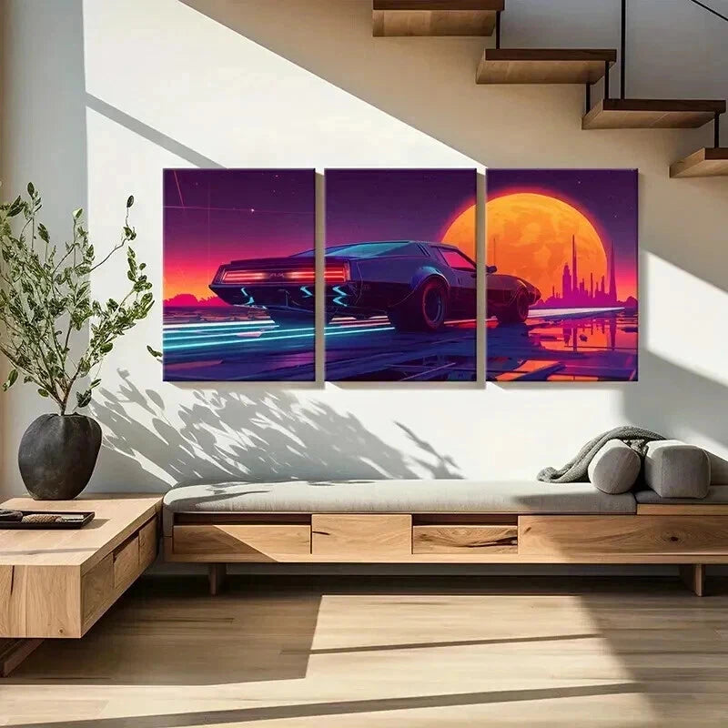 3pcs Aesthetic Art Sunset Boulevard Cars Wall Art Set Canvas Framed 50x70cm - High Quality Print 100% Australian Made Wall Canvas Ready to Hang - Bella Home Decor