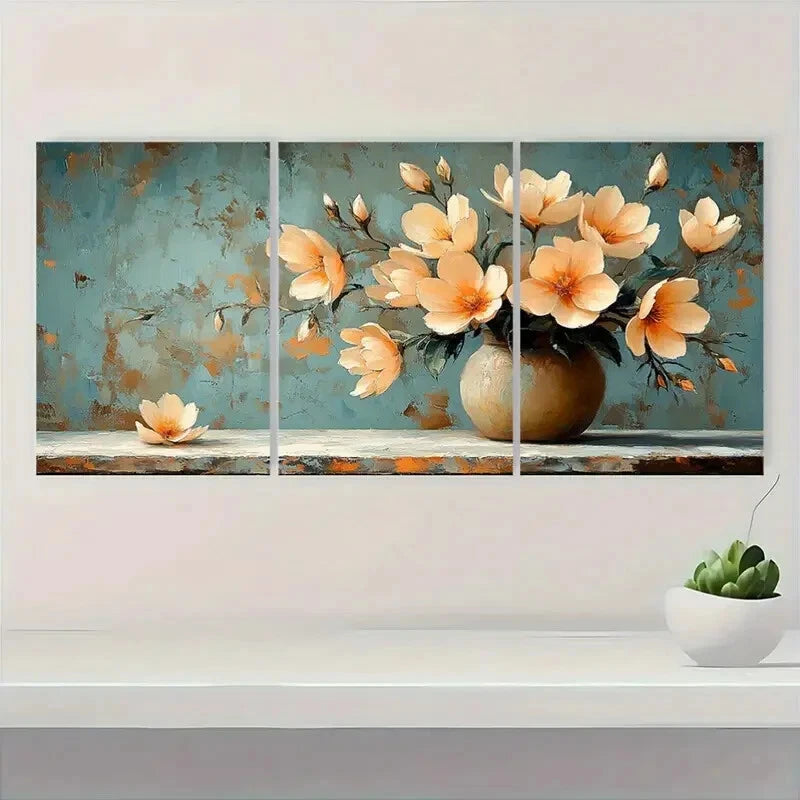 3pcs Elegant Beige Freesia Floral Teal Background Metal Print Ready to Hang Art - Bella Home Decor