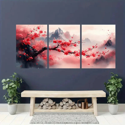3pcs Pink Sakura Tree with Mountains and Clouds Metal Print Ready to Hang Art