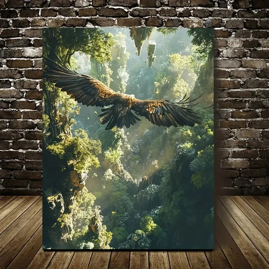 Cyberpunk Eagle in Jungle Golden Hour Painting 40x60cm Metal Print Ready to Hang - Bella Home Decor