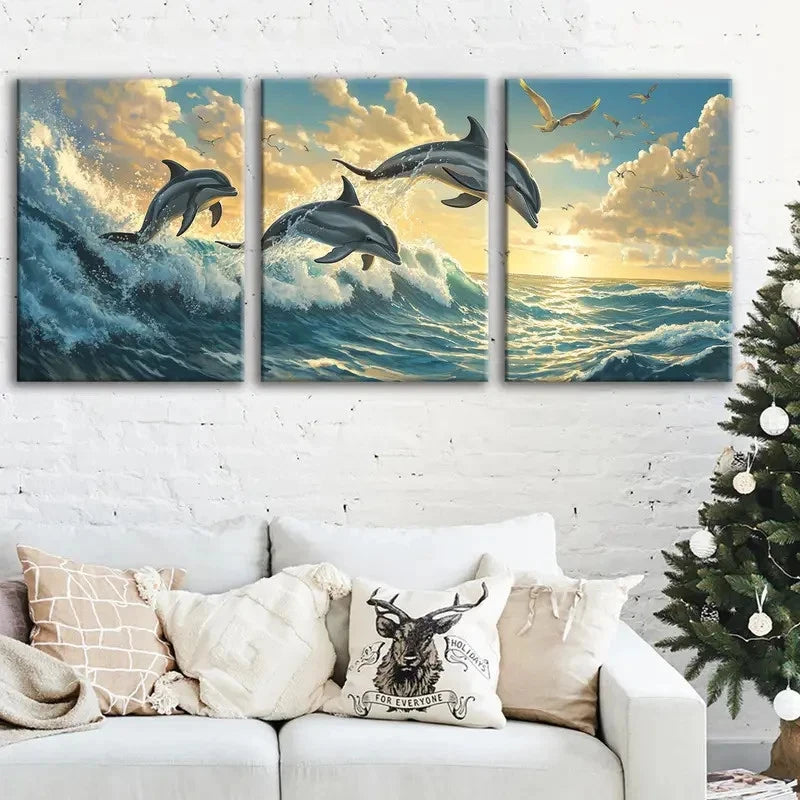 3pcs Dolphin Canvas Framed 50x70cm - High Quality Print 100% Australian Made Wall Canvas Ready to Hang - Bella Home Decor