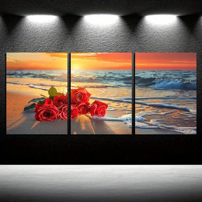 3pcs Vibrant Rose on the Seashore Design Metal Print Ready to Hang Art - Bella Home Decor