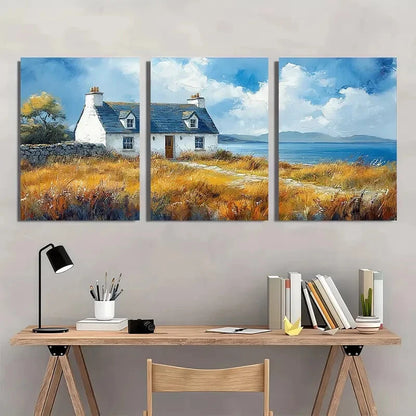 3pcs Scottish Cottage Painting Isle Pf Sky Metal Print Ready to Hang Art - Bella Home Decor