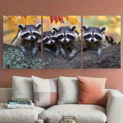 3pcs Raccoons in Maple Tree Animal Photography Metal Print Ready to Hang Art - Bella Home Decor