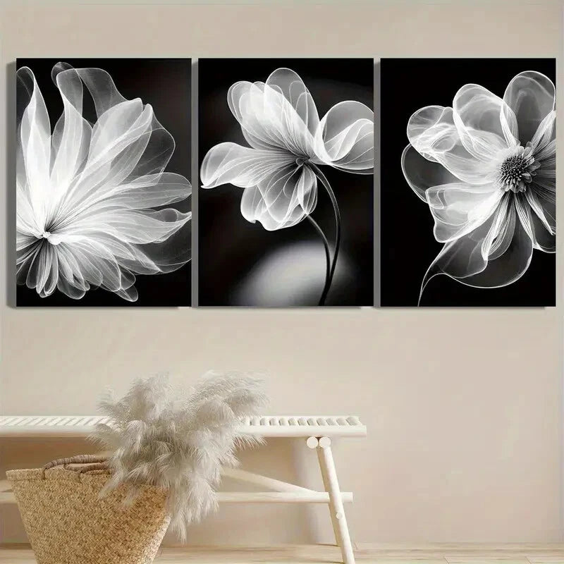 3pcs Elegant Black and White Botanical Floral Metal Print Ready to Hang Art