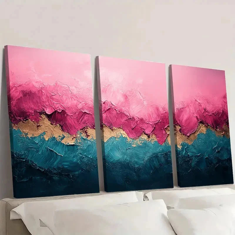 3pcs Vibrant Pink Green & Golden Beach TY   Wall Art Set Canvas Framed 50x70cm - High Quality Print 100% Australian Made Wall Canvas Ready to Hang - Bella Home Decor