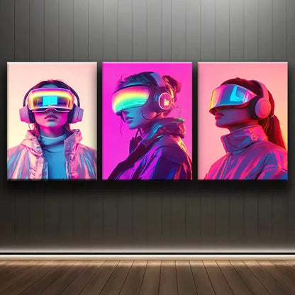 3pcs Cyberpunk Woman With VR Glasses Wall Art Set Canvas Framed 50x70cm - High Quality Print 100% Australian Made Wall Canvas Ready to Hang - Bella Home Decor