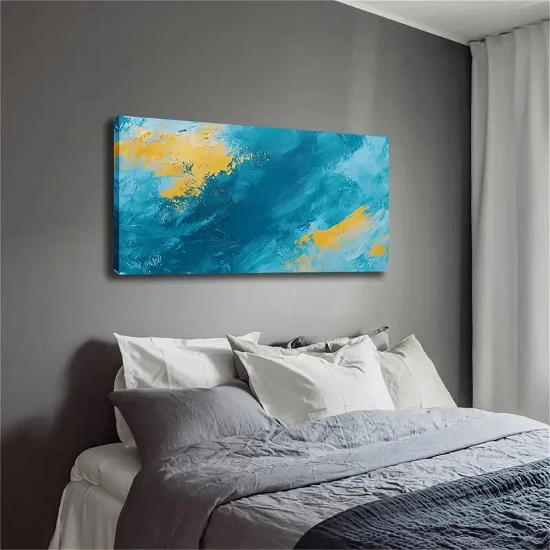 Bright Yellow Strokes Turquoise Wall Art Canvas Office Home Room Framed 120x60cm - Bella Home Decor