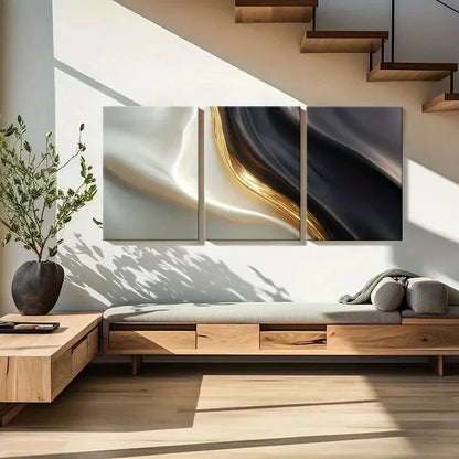 3pcs Abstract Silk Flow Golden Lines Black White Metal Print Ready to Hang Art - Bella Home Decor