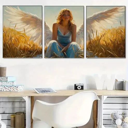 3pcs Graceful Angel in Wheat Field Triptych Wall Art Set Wall Art Canvas Unframed - High Quality Print 100% Australian Made Wall Canvas