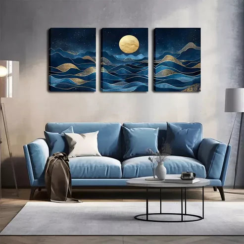 3pcs Blue Abstract Mountain And Moon Wall Art Canvas Unframed - High Quality Print 100% Australian Made Wall Canvas - Bella Home Decor
