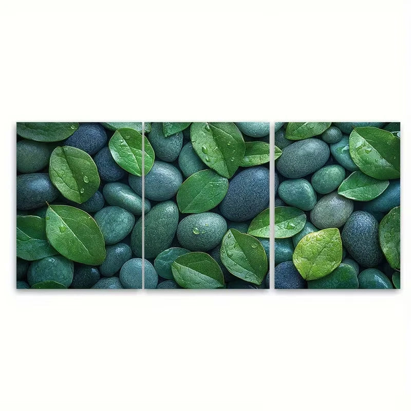 3pcs Zen Stones Green Leaves Metal Print Ready to Hang Art