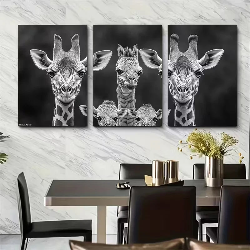 3pcs Giraffe Family in Greyscale Metal Print Ready to Hang Art - Bella Home Decor