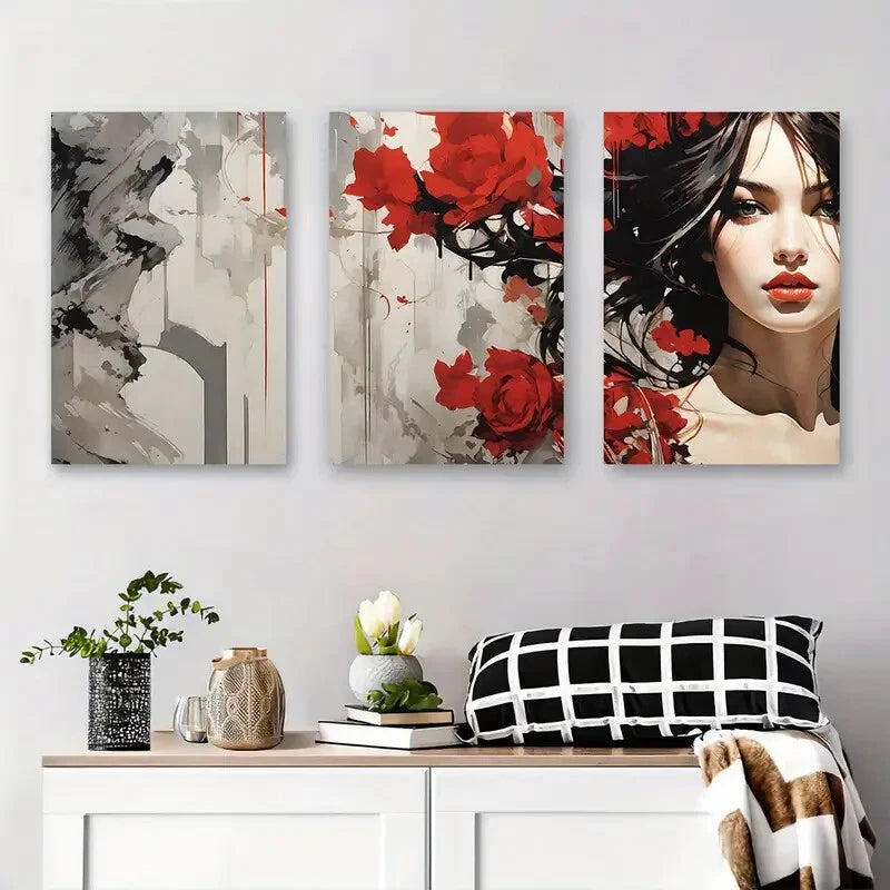3pcs Radiant Red Rose Abstract Woman Metal Print Ready to Hang Art