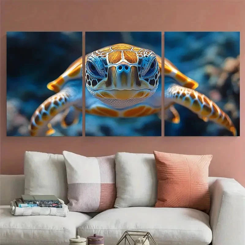 3pcs Fantasy Turtle Closeup Underwater Scene Metal Print Ready to Hang Art - Bella Home Decor