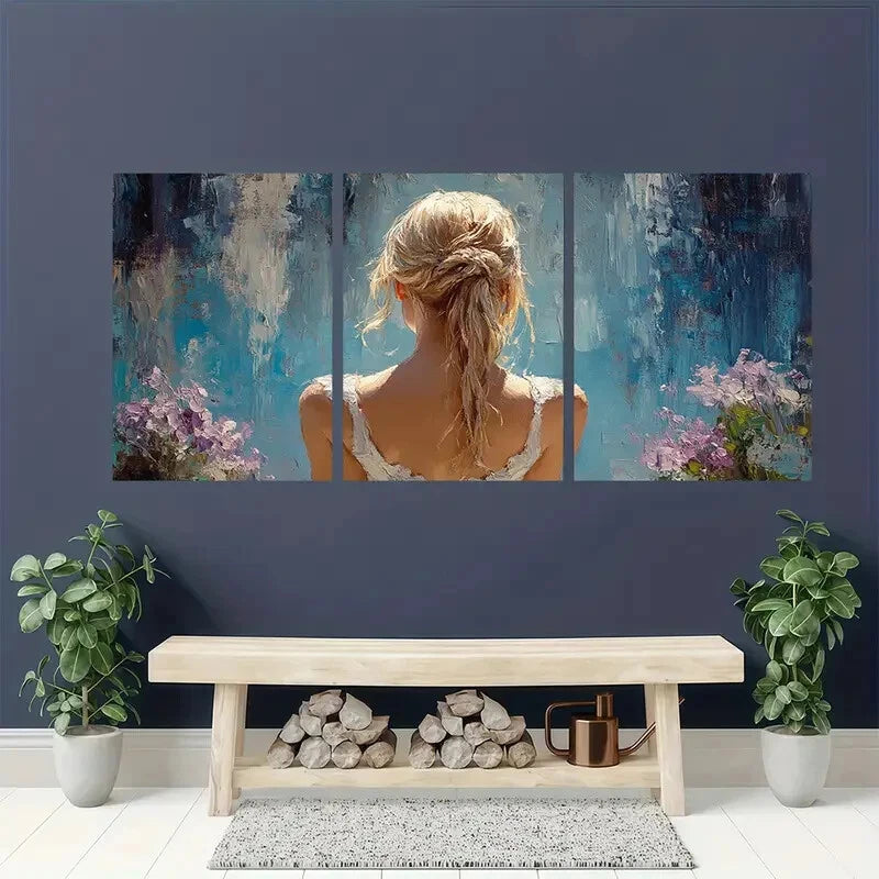 3pcs Elegant Blonde Ballerina in Blue & Pink Metal Print Ready to Hang Art - Bella Home Decor