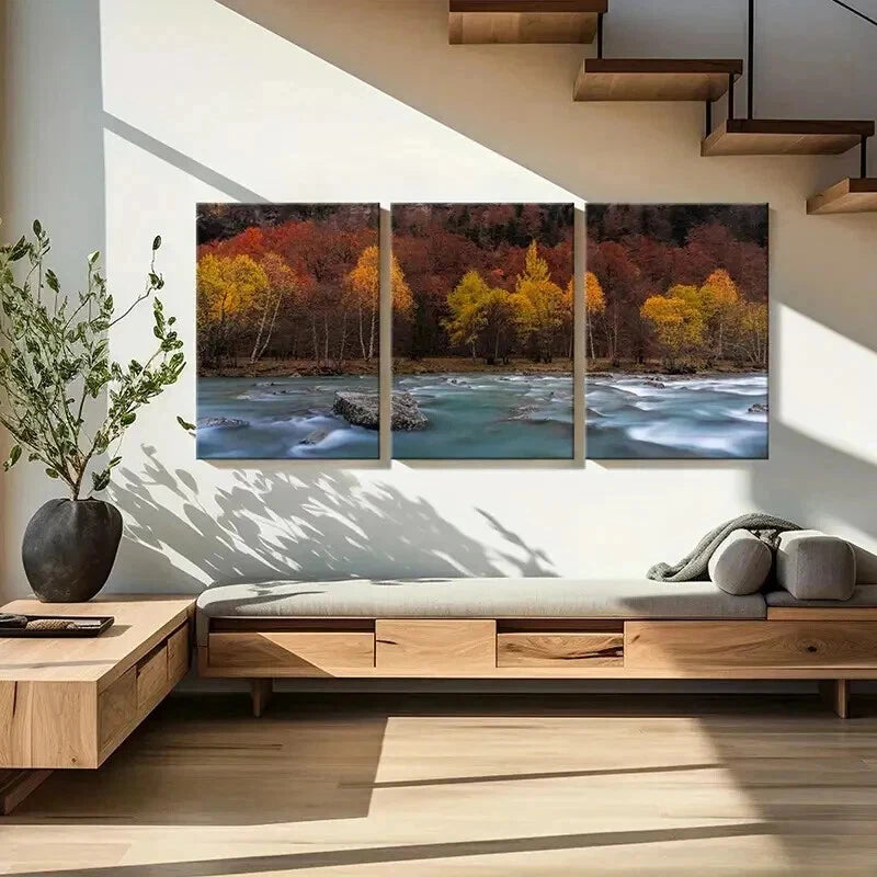 3pcs Modern Autumn Lake and Forest Wall Art Set Canvas Framed 50x70cm - High Quality Print 100% Australian Made Wall Canvas Ready to Hang - Bella Home Decor