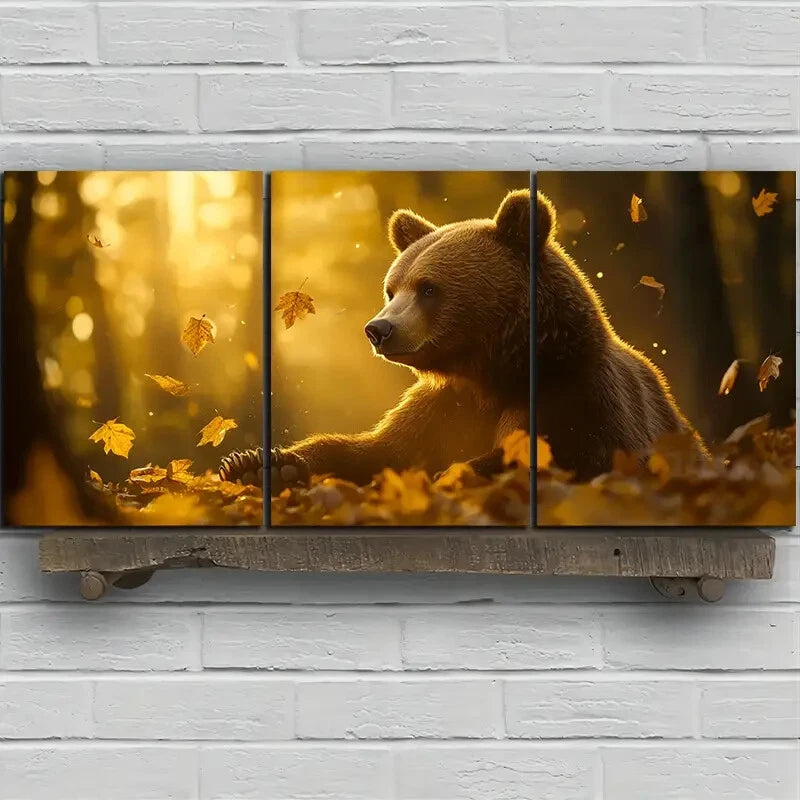 3pcs Bears in the Forest Golden Leaves Metal Print Ready to Hang Art - Bella Home Decor