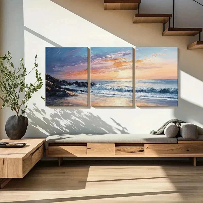 3pcs Sunset Ocean Rocks Sky Nature Wall Art Set Canvas Framed 60x90cm - High Quality Print 100% Australian Made Wall Canvas Ready to Hang - Bella Home Decor