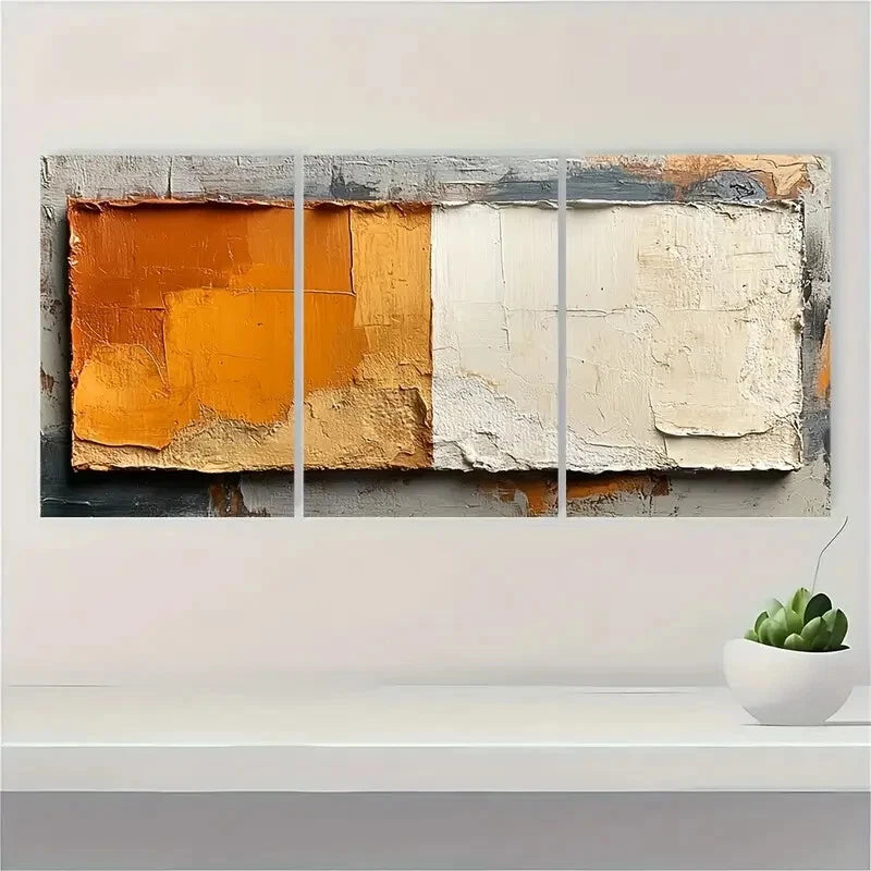 3pcs Brown and Beige Geometric Abstract Texture Metal Print Ready to Hang Art - Bella Home Decor