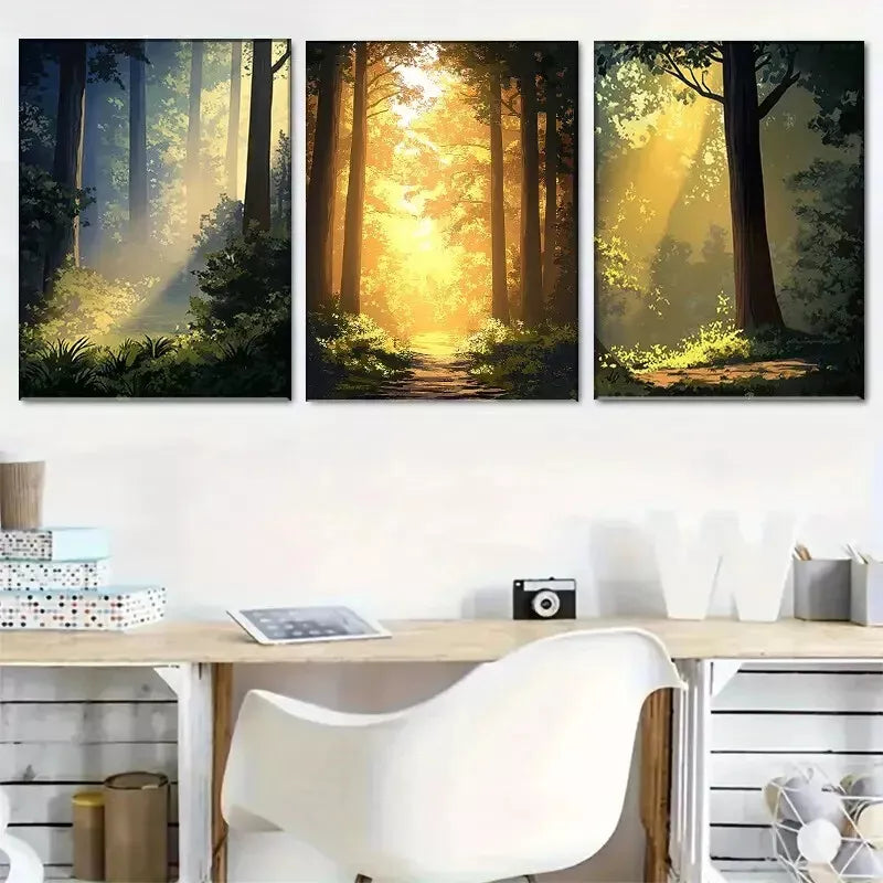 3pcs Warm Light Forest Lush Greenery under Sun Art Set Canvas Framed 50x70cm - High Quality Print 100% Australian Made Wall Canvas Ready to Hang