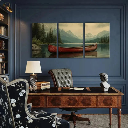 3pcs Red Canoe Majestic Mountains Serene Lake Metal Print Ready to Hang Art - Bella Home Decor