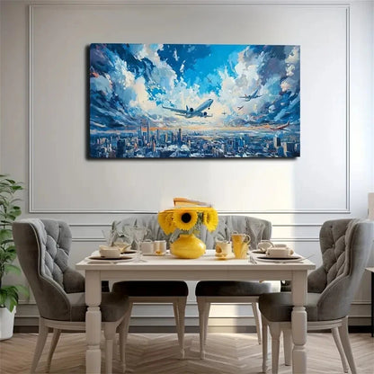 Cityscape with Airplanes Décor Wall Art Canvas Office Home Room Framed 120x60cm - Bella Home Decor