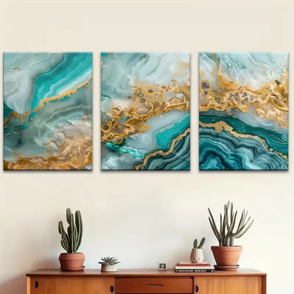 3pcs Featuring Turquoise And Golden Marble Metal Print Ready to Hang Art - Bella Home Decor
