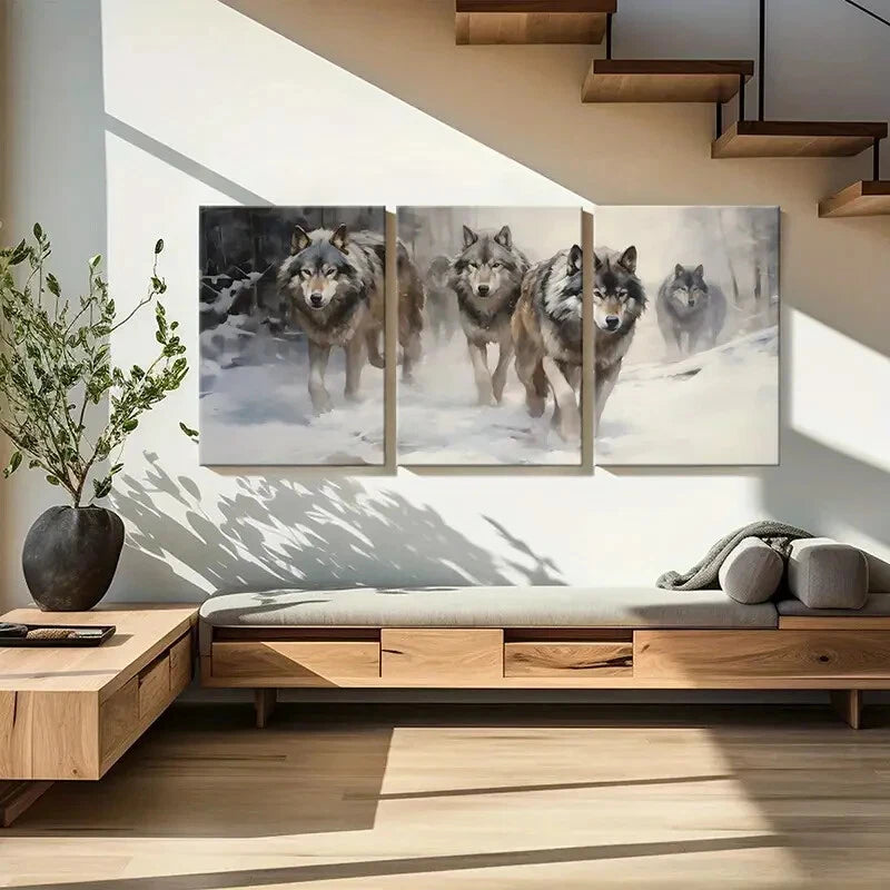 3pcs Wolf Pack Winter Scene Snowy Landscape Metal Print Ready to Hang Art - Bella Home Decor