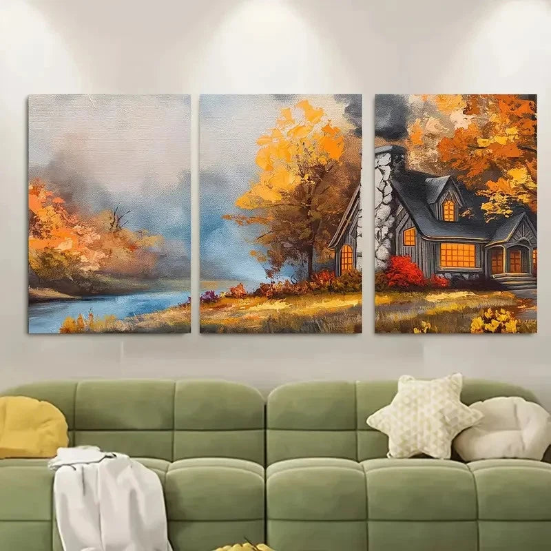 3pcs Fall Cabin In Woods Acrylic Design Metal Print Ready to Hang Art