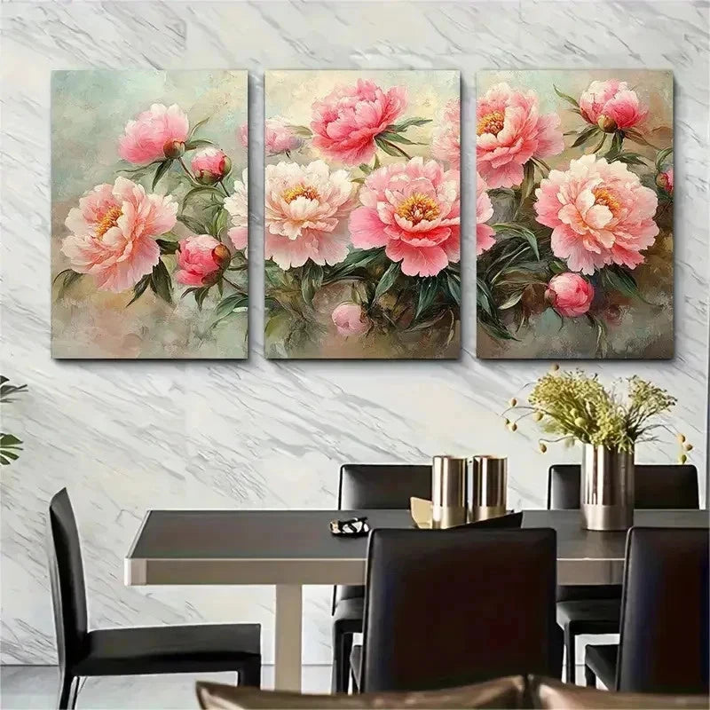 3pcs Vintage Floral Pink Peonies Lilies Perfect Wall Art Set Canvas Framed 50x70cm - High Quality Print 100% Australian Made Wall Canvas Ready to Hang