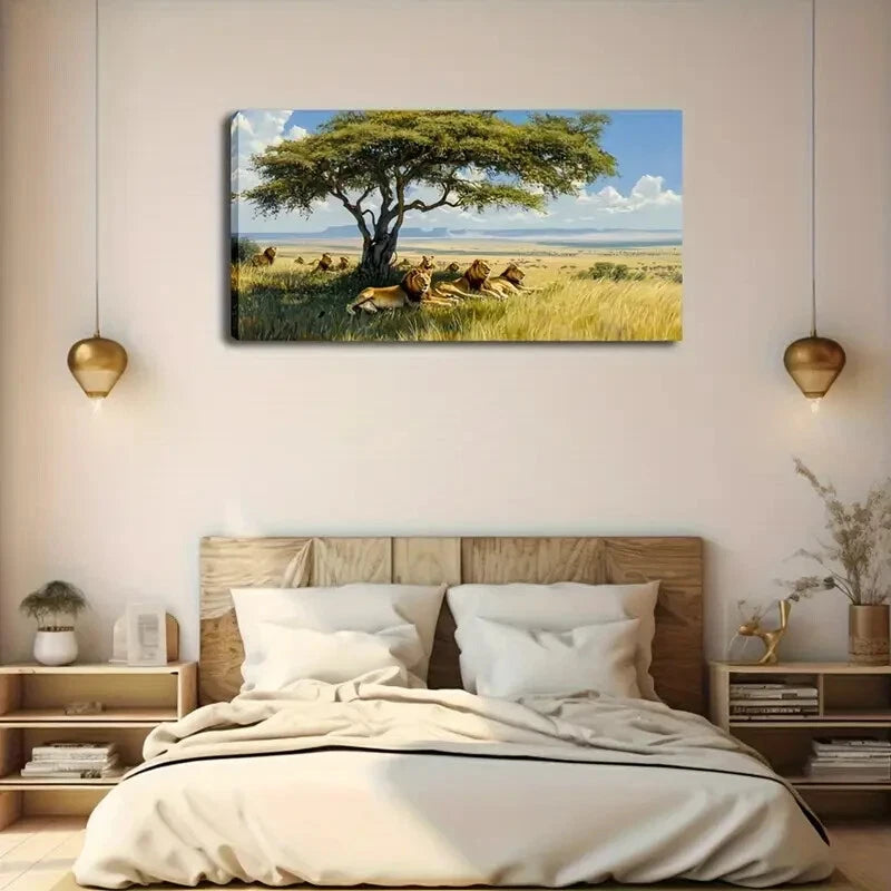 Majestic Lion Under Tree Modern Wall Art Canvas Office Home Room Framed 120x60cm - Bella Home Decor
