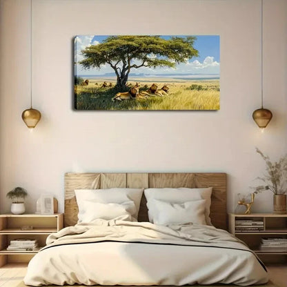 Majestic Lion Under Tree Modern Wall Art Canvas Office Home Room Framed 120x60cm - Bella Home Decor