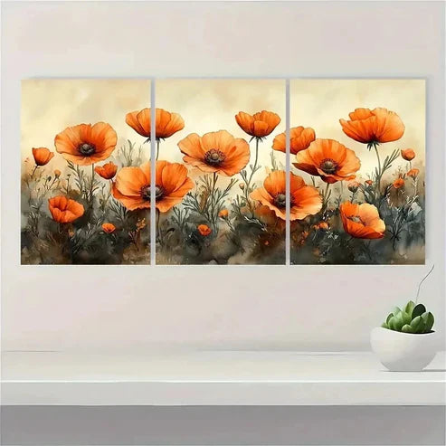 3pcs Vibrant Orange Poppies Blooming Wall Art Canvas Unframed - High Quality Print 100% Australian Made Wall Canvas