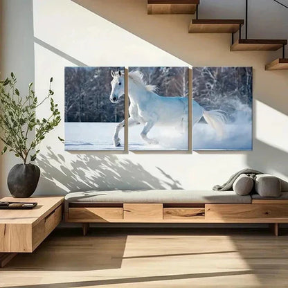 3pcs Elegant White Horse in Snowy Landscape Wall Art Set Canvas Unframed - High Quality Print 100% Australian Made Wall Canvas