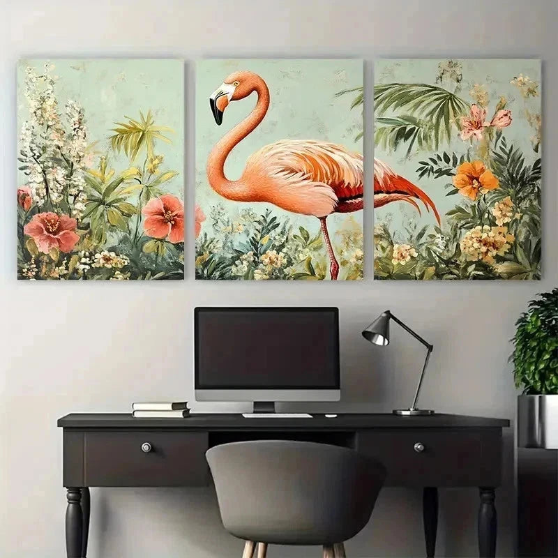 3pcs Vintage Flamingo Botanical Floral Perfect Wall Art Set Canvas Framed 60x90cm - High Quality Print 100% Australian Made Wall Canvas Ready to Hang