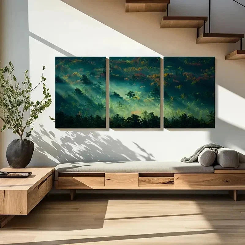 3pcs Misty Forest Woods Landscape Wall Art Set Canvas Framed 60x90cm - High Quality Print 100% Australian Made Wall Canvas Ready to Hang