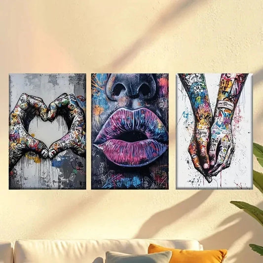 3pcs City street graffiti hand in hand Wall Art Set Canvas Framed 40x60cm - High Quality Print 100% Australian Made Wall Canvas Ready to Hang