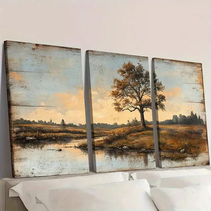 3pcs Countryside Scene with Trees and Water C Wall Art Set Canvas Unframed - High Quality Print 100% Australian Made Wall Canvas - Bella Home Decor