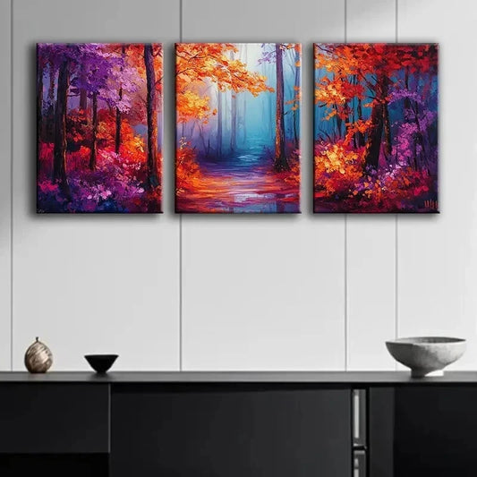 3pcs Autumn Forest Colorful Nature Perfect Wall Art Set Canvas Framed 60x90cm - High Quality Print 100% Australian Made Wall Canvas Ready to Hang