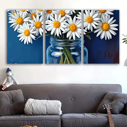 3pcs Painting White Daisies in a Glass Wall Art Set Canvas Framed 50x70cm - High Quality Print 100% Australian Made Wall Canvas Ready to Hang