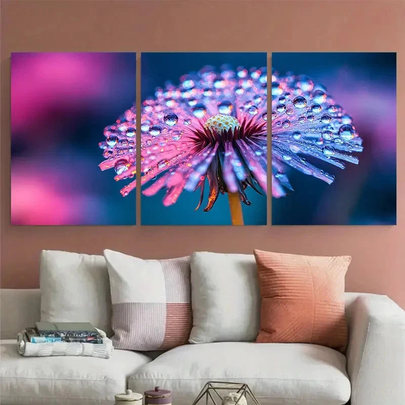 3pcs Dandelion with Water Droplets Soft Focus Metal Print Ready to Hang Art - Bella Home Decor