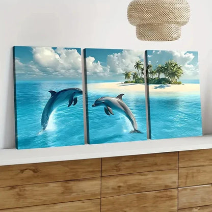 3pcs Dolphin Seascape Blue Sky White Clouds Wall Art Set Canvas Unframed - High Quality Print 100% Australian Made Wall Canvas - Bella Home Decor