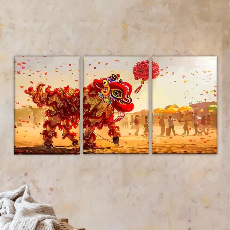 3pcs Vibrant Lion Dance Scene with Confetti Wall Art Set Canvas Framed 40x60cm - High Quality Print 100% Australian Made Wall Canvas Ready to Hang - Bella Home Decor