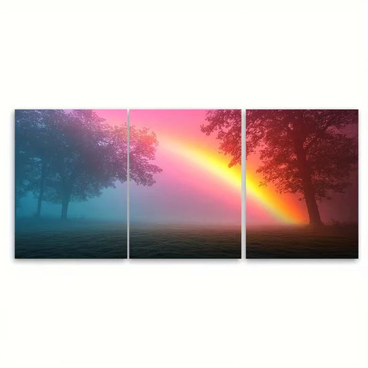 3pcs Ethereal Rainbow Foggy Sky Landscape Metal Print Ready to Hang Art